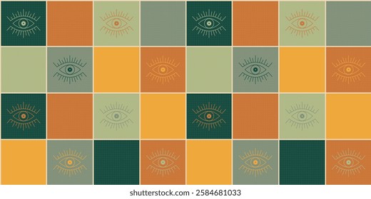 Modern geometric pattern featuring mystical eye symbols arranged in a grid layout with alternating squares in earthy tones of green, orange, and yellow. Seamless pattern, arranged in vector format.