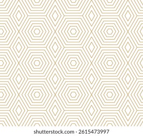 Modern geometric pattern featuring nested hexagons and elongated diamonds formed by thin gold lines on a clean white background.