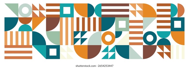 Modern geometric pattern featuring triangles, squares, and stripes in earthy tones of teal, orange, brown, and cream abstract pattern design background.