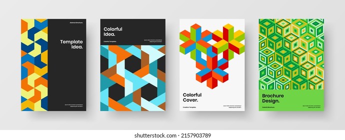 Modern geometric pattern flyer illustration composition. Multicolored annual report design vector template bundle.