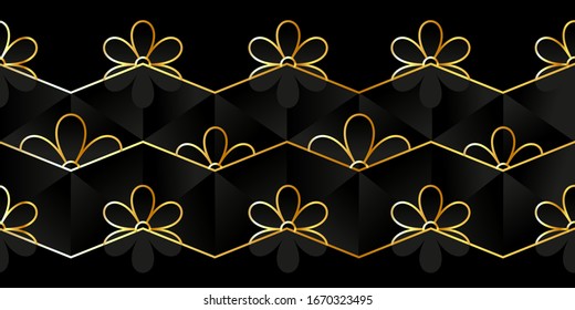 Modern geometric pattern with golden lines and stylized flowers on a black polygonal background 