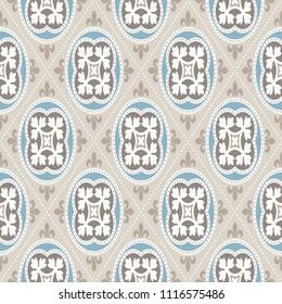 Modern geometric pattern, inspired by vintage wallpapers. Nice retro colors - grey beige, calm blue. Seamless vector pattern. Perfect for fabric design, wrapping paper, wallpapers, web backgrounds etc