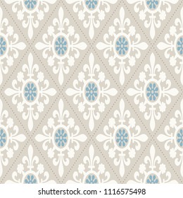 Modern geometric pattern, inspired by vintage wallpapers. Nice retro colors - grey beige, calm blue. Seamless vector pattern. Perfect for fabric design, wrapping paper, wallpapers, web backgrounds etc