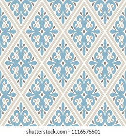 Modern geometric pattern, inspired by vintage wallpapers. Nice retro colors - grey beige, calm blue. Seamless vector pattern. Perfect for fabric design, wrapping paper, wallpapers, web backgrounds etc