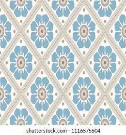 Modern geometric pattern, inspired by vintage wallpapers. Nice retro colors - grey beige, calm blue. Seamless vector pattern. Perfect for fabric design, wrapping paper, wallpapers, web backgrounds etc