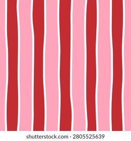 Modern geometric pattern of irregular vertical red, pink and white wavy stripes arranged in repeating columns. Suitable for fabric, wallpaper, wrapping paper, stationery, packaging, cards and backgrou