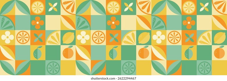 Modern geometric pattern  with limes, plants, leaves, abstract elements and inscription on light yellow background. Abstract decorations. Simple flat style. Minimalistic style. Vector illustration.