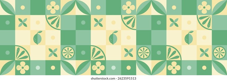 Modern geometric pattern with limes, plants, leaves, abstract elements and inscription on light yellow background. Abstract decorations. Simple flat style. Minimalistic style. Vector illustration. 