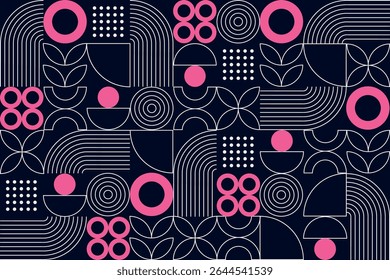 A modern geometric pattern in navy, white, and pink, featuring circles, arcs, dots, leaves, and minimalist lines arranged in a clean, abstract, symmetrical layout.