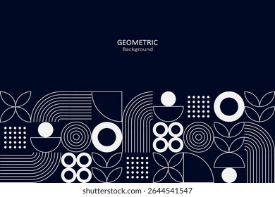 Ein modernes geometrisches Muster in Marineblau und Weiß mit minimalistischen Linien, Kreisen und Punktelementen, angeordnet mit Kopienraum, ideal für kreative Designlayouts.