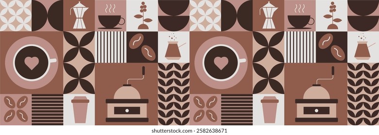 Modern geometric pattern on the theme of coffee with traditional symbols such as coffee cup, coffee beans, turk, decorative elements. Horizontal coffee banner. Vector
