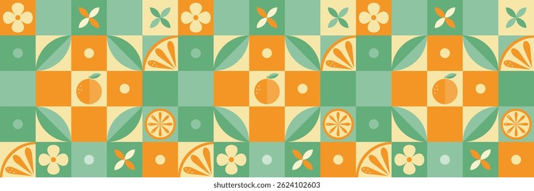 Modern geometric pattern with oranges, plants, leaves, abstract elements  on light yellow background. Abstract decorations. Simple flat style. Minimalistic style. Vector illustration. 