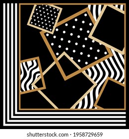 Modern geometric pattern with polka dots, striped backgrounds. Vector patch for print, fabric, scarf design.
