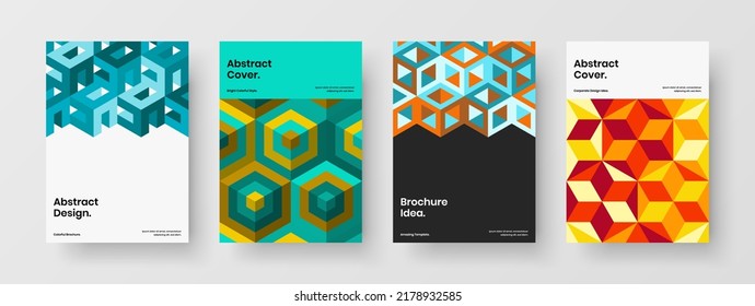 Modern geometric pattern poster template set. Vivid booklet A4 vector design illustration collection.
