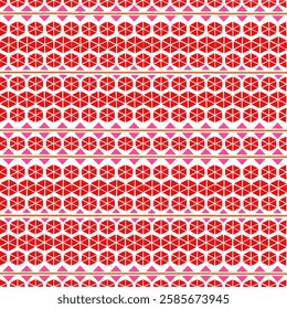 Modern geometric pattern with red hexagonal honeycomb structure and pink triangular borders. White lines create clean divisions. Perfect for contemporary textile and digital designs