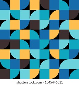 Modern geometric pattern with semicircles and square. Abstract background in retro. Trendy modern art vector design for cloth or fabric, wrapping, background,wallpaper, blue yellow brown color.