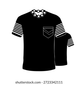 Modern geometric pattern t-shirt with beaded collar and striped sleeves silhouette vector illustration for creative fashion apparel and clothing design
