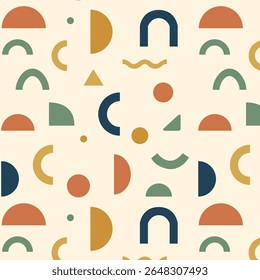 Modern geometric pattern with warm muted colors. Semi-circles, arches, and abstract shapes create a minimal and cozy vibe. Perfect for home decor, fabric prints, and posters.
