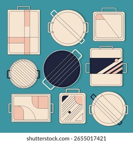 Padrões geométricos modernos em contêineres variados com alças em um estilo de design plano limpo