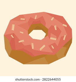 Modern geometric pink glazed donut with sprinkles. Colorful polygonal dessert vector illustration isolated on white background.