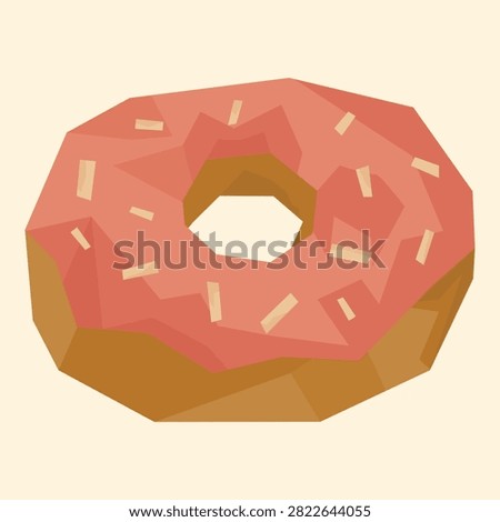 Modern geometric pink glazed donut with sprinkles. Colorful polygonal dessert vector illustration isolated on white background.