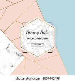 Modern geometric placard with marble texture, gold lines, triangles, pastel pink, blue colors background. Trendy template for invitation, card, banner, wedding, social media, party, flyer, brochure
