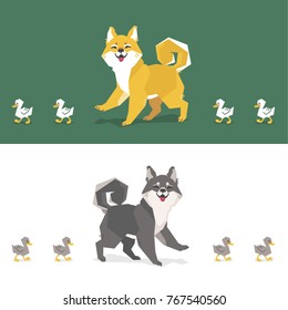Modern geometric polygon illustration of two Shiba Inu dog breed puppies happily marching together with little ducklings. Black and golden yellow Japanese dog clip art.