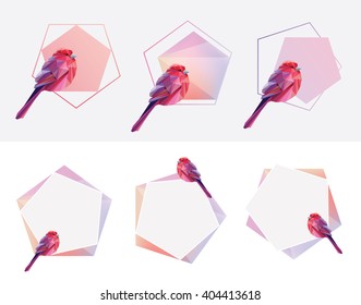 Modern geometric polygonal shapes add-on decorations and frames with pink bird