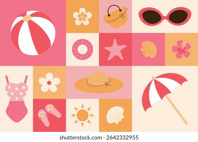 Modern geometric poster  with beach ball,summer accessories, beach umbrella  on colourful background. Summer ornament. Abstract decorations. Simple flat style. Minimalistic style. Vector illustration.