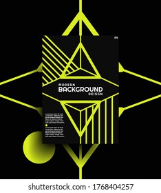 Modern geometric poster design with yellow lines and triangles for banner, magazine or leaflet, designed in A4 size with 3d effect for business or card. Trendy pattern layout. Eps 10 vector