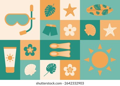 Cartaz geométrico moderno com máscara de mergulho, prancha de serfing, nadadeiras, fundo colorido starfishon. Ornamento de verão. Decorações abstratas. Estilo plano simples. Estilo minimalista. Ilustração vetorial.