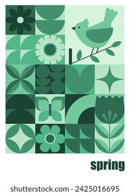 Modern geometric poster. Flowers, leaves and bird in flat minimalist style. Vector illustration