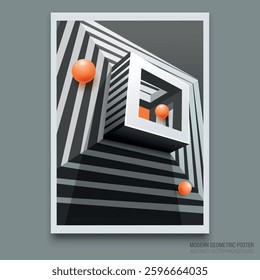 Modern geometric poster. Vector. Abstract flat geometric shapes combined with 3D elements in perspective. Blocks are united by expressive orange and black color palette. Template for interior design.