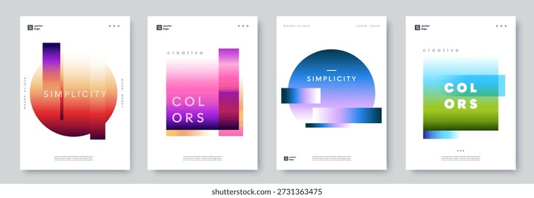 Carteles geométricos modernos con colores degradados vibrantes. Composiciones minimalistas con círculos, rectángulos y transiciones de color suaves. Elementos de diseño contemporáneos para portada, marca, Anuncio
