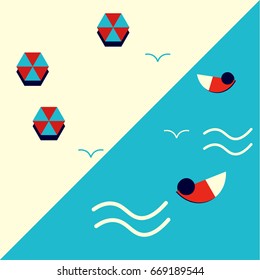 Modern geometric postmodernist or minimalist styled illustration: sea beach resort with swimmers, beach umbrellas or parasols and seagulls. Great as summer resort promotion materials template.