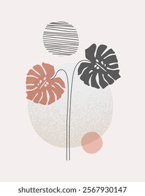 Modern geometric print: abstract shapes, tropical leaves in minimal flat style. Geometrical Scandinavian poster design. Vector illustration with monstera leaf, striped textures, doodles