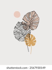 Modern geometric print: abstract shapes, tropical leaves in 80s, 90s minimal flat style. Geometrical Scandinavian poster design. Vector illustration with monstera leaf, striped textures, doodles