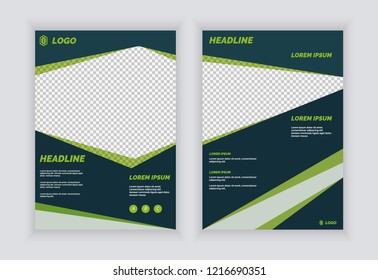 Modern geometric professional business brochure. Green and dark blue with image space. Template for annual report, flyer, poster, card, corporate presentation, portfolio, layout.
