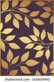 Modern geometric purple floral background for business or presentation or greeting card with golden leaves and branches.