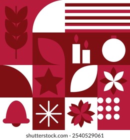 Modern geometric red seamless pattern with christmas elements in squares