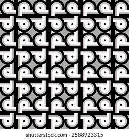  Modern Geometric Repetitive Pattern A bold black-and-white geometric pattern composed of repeated abstract shapes resembling stylized letters or symbols. The high-contrast design 