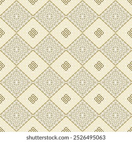 Modern geometric rhombus seamless pattern with greek key meander. Vector ornamental beautiful background. Elegant trendy geometric greece waffle style ornaments. Endless patterned texture. For fabric.