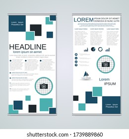 Modern geometric roll-up business banners, two-sided flyer vector design template