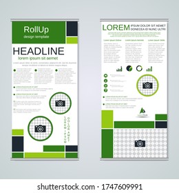 Modern geometric roll-up business banners, two-sided flyer vector design template