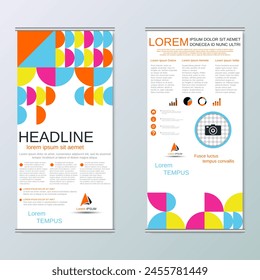Modern geometric roll-up business banners, two-sided flyer vector design template
