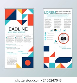 Modern geometric roll-up business banners, two-sided flyer vector design template