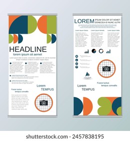 Modern geometric roll-up business banners, two-sided flyer vector design template