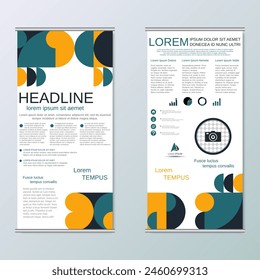 Modern geometric roll-up business banners, two-sided flyer vector design template