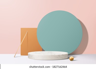 Modern geometric round and square paper background with marble podium in 3d illustration