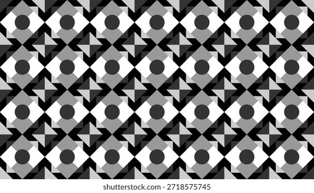Modern geometric seamless background in black, white, and gray. Repeating abstract tile pattern with circular focal points